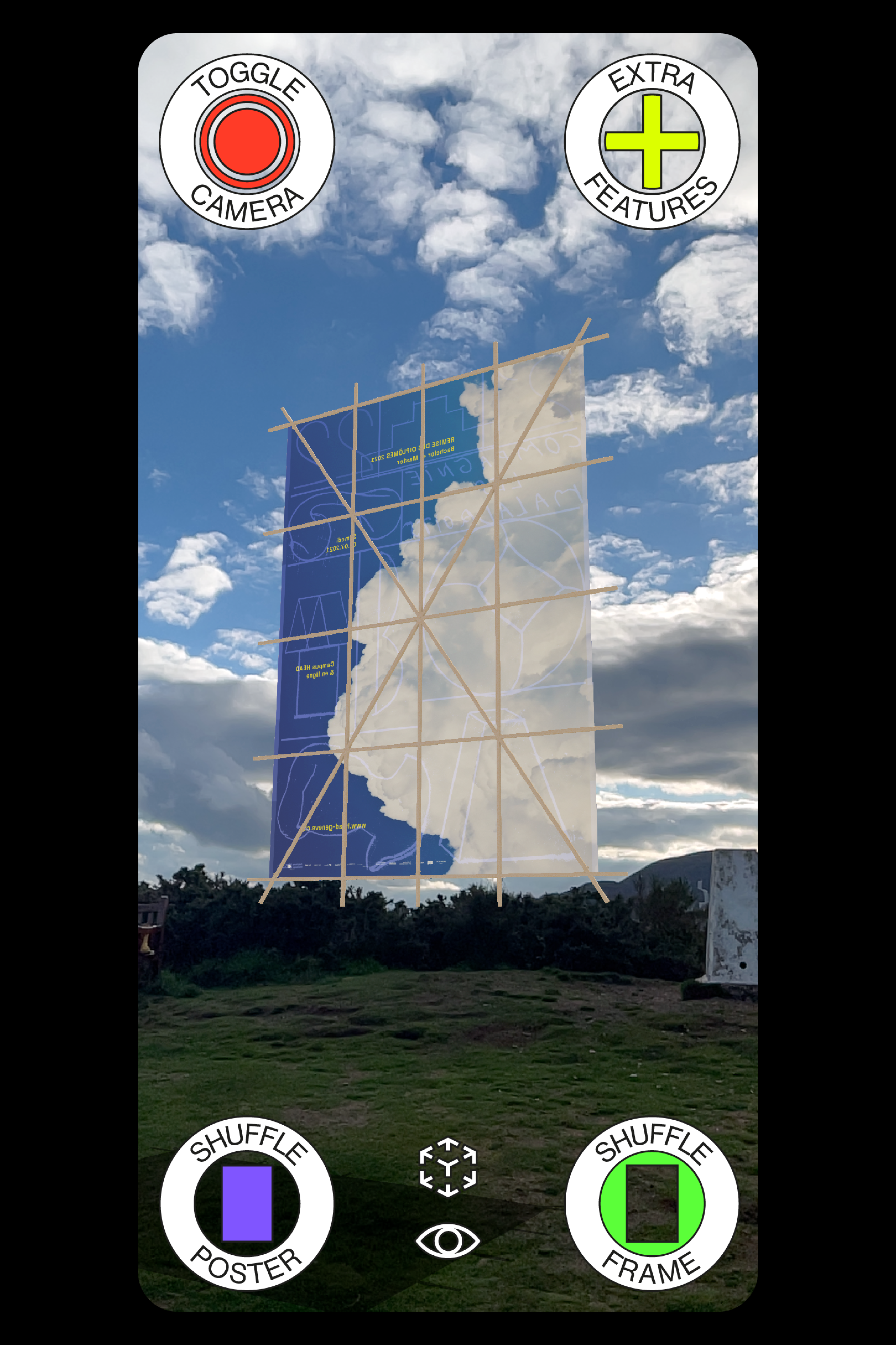 Screenshot of the app "Poster World" showing a kite shaped billboard displayed in augmented reality.