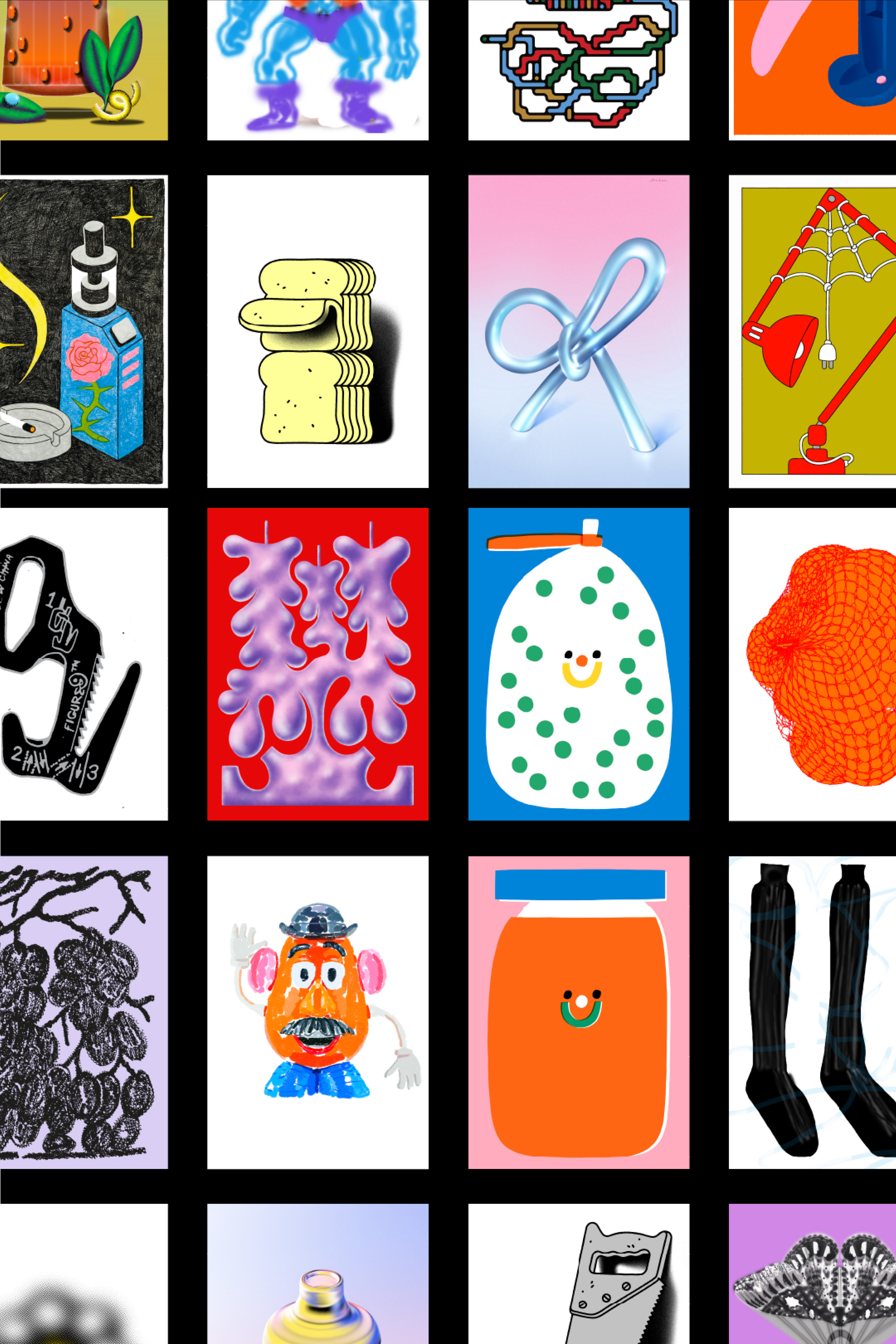 Multiple colorful illustrations of objects on a black background.